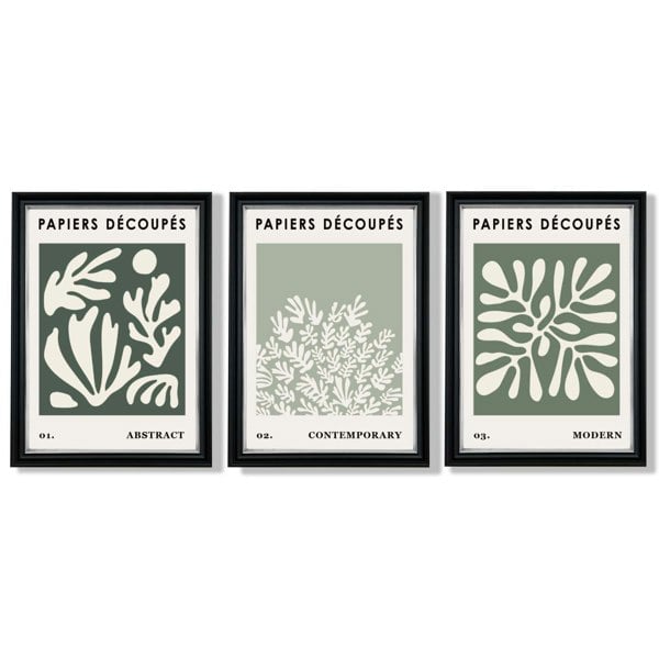 Matisse Floral Set of 3 in Green and Sage Framed Art Prints with Vermeer Black and Silver Frames