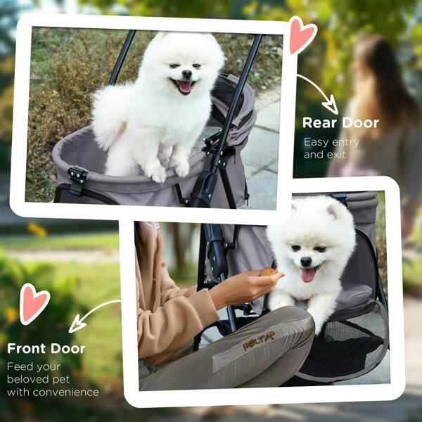 Grey pet stroller with front and rear door openings and mesh canopy