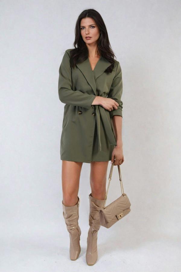 Raven Oversized Waist Tie Button Detail Blazer Jacket - Khaki