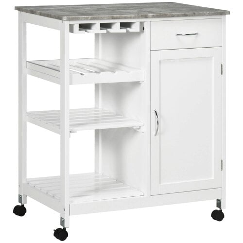 Wyld Haus Sohavi Wooden White Compact Kitchen Trolley With Wine Rack Drawer And Open Shelving