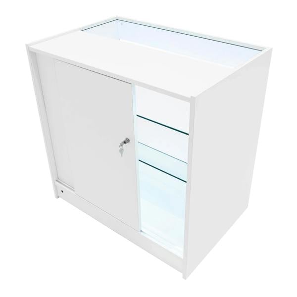 Astro LED Shop Counter Set in white features sleek design, glass shelves, and a secure sliding door for stylish display storage
