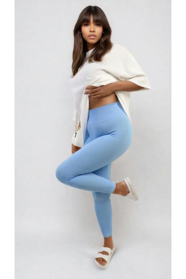 Braylee High Waisted Wide Band Leggings - Light Blue