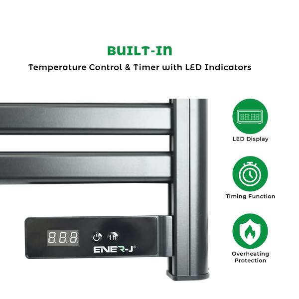 Ener-J 100W Infrared Heated Towel Rail, Wall Mounted 5-Bar Electric Bathroom Radiator, LED Timer, IP24 Black