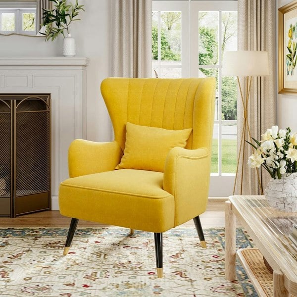 Comfortable Velvet Wingback Armchair with Cushion Wingback Chairs Living and Home Yellow