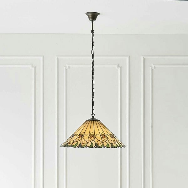 Tiffany Glass Hanging Ceiling Pendant Light Bronze & Amber Floral Shade i00127 Loops