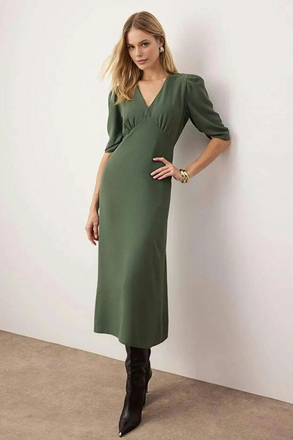 WOVCOR A-Line Midi Woven Dress with Gathered Sleeves