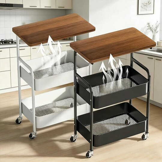 Havendro Three-Tier Mobile Storage Cart | Wooden Desktop with Sturdy Metal Frame