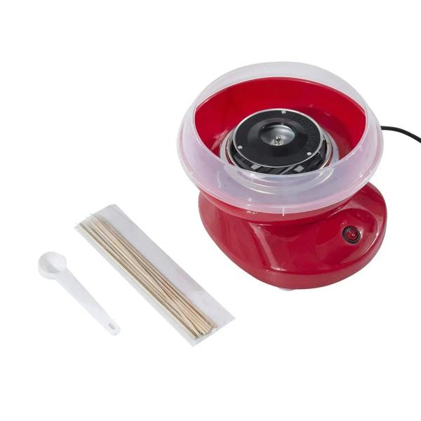 Red electric cotton candy maker with accessories: bamboo sticks and sugar scoop