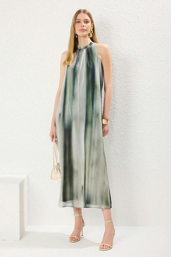 WOVCOR Abstract Patterned Straight Cut Maxi Woven Dress with Tie Detail