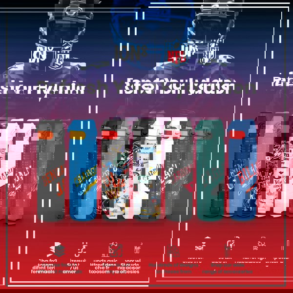 Six water bottles, displaying various NFL team logos, are arranged on a red background. The bottles are showcased against a backdrop featuring a football player and the text "Refresh Your Hydration." There are also icons and text describing the product's features and options.