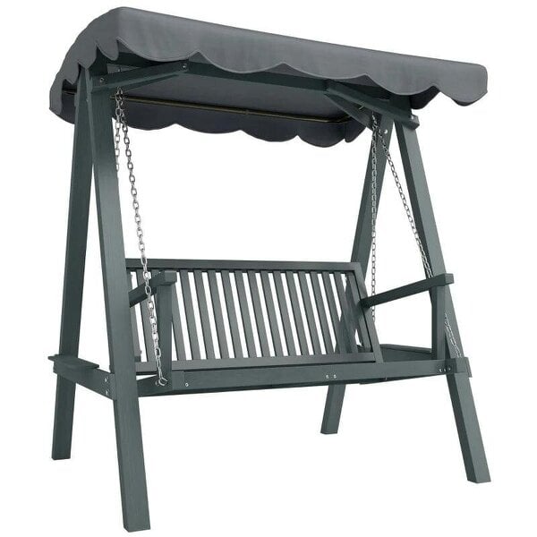 2 Seater Garden Swing Seat with Canopy, Wooden Swing Chair, Outdoor Hammock Bench for Balcony Patio Porch, Grey
