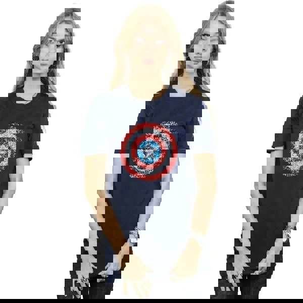 Marvel Womens/Ladies Captain America Pixelated Shield Cotton Boyfriend T-Shirt - Navy Blue