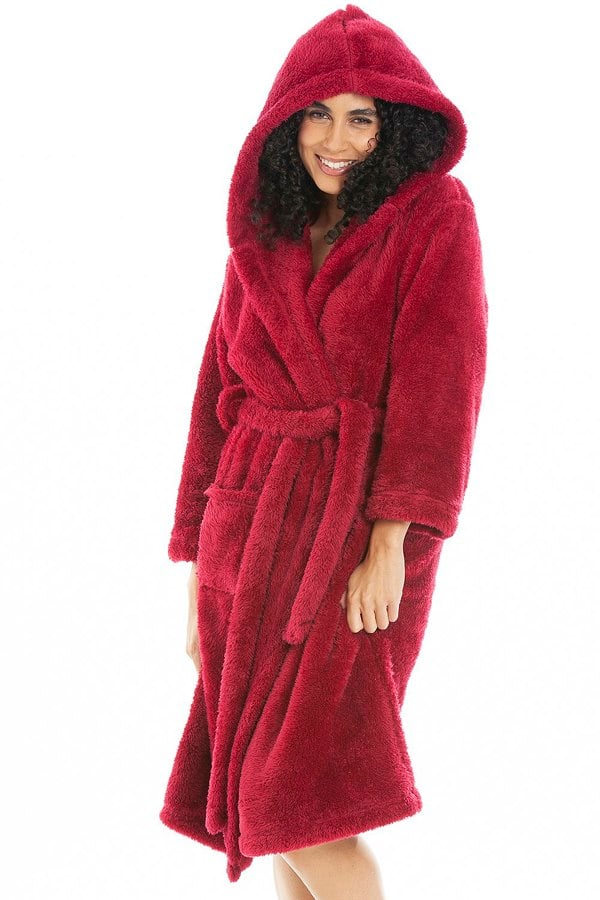 Camille Womens Magenta Supersoft Fluffy Fleece Hooded Robes
