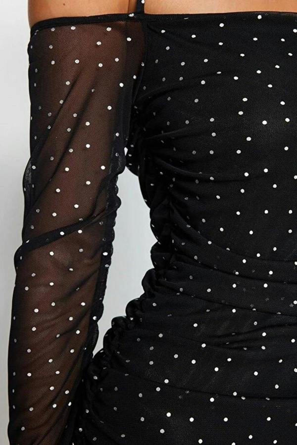 WOVCOR Polka Dot Tulle Short Evening Dress with Lining and Draping Detail