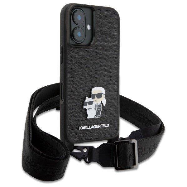 Karl Lagerfeld Saffiano Karl & Choupette Metal Pin Crossbody Strap Case for iPhone 16 6.1" Black - KLHCP16SSAKCPBK
