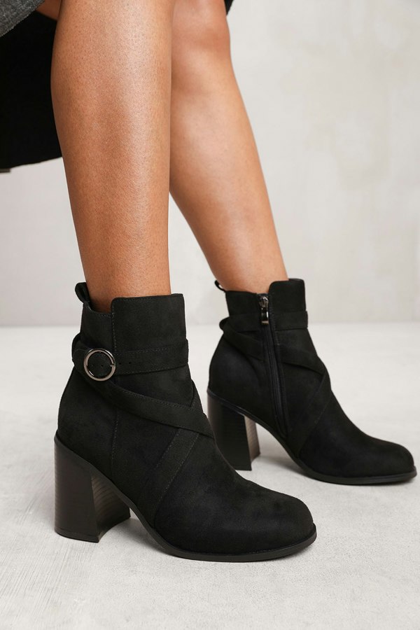 Where's That From Teagan Ankle Boot With Chunky Heel and Cross Over Strap Detail in Black Suede