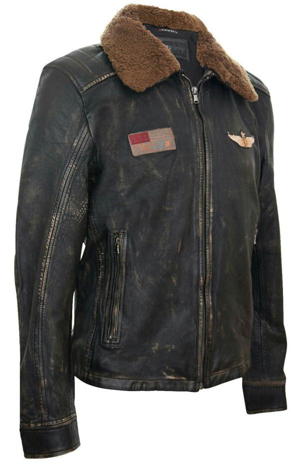 Infinity Leather Mens Badged Vintage Black Leather Bomber Jacket-Tunis