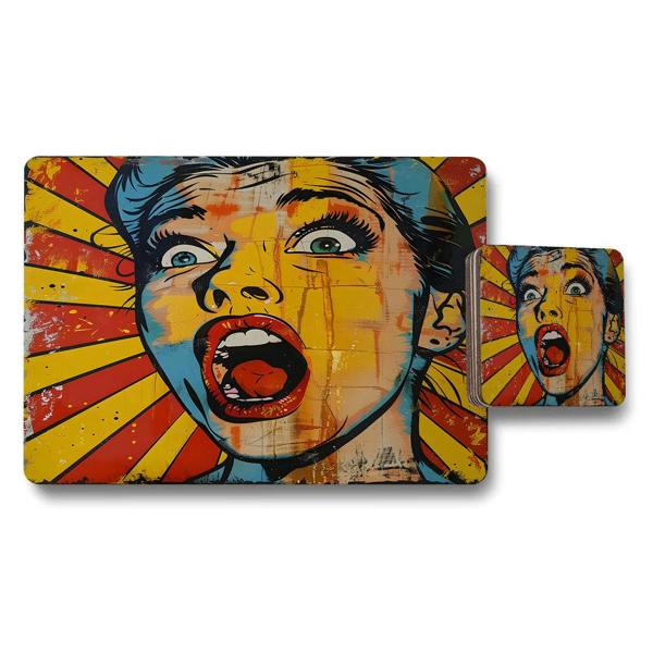 Benjamin Tate Design Designer Pop Art Placemat And Coaster Set With Wood Base From Designer Artwork Collection Limited Edition