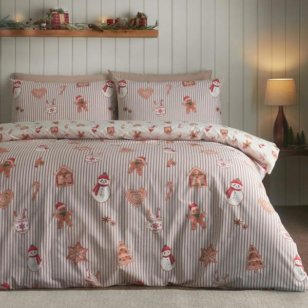 Catherine Lansfield Christmas Gingerbread Stripe Reversible Duvet Cover Set Natural