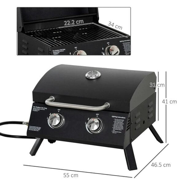Bobobiy 2 Burner Gas BBQ Grill, 5.8 kW Outdoor Portable Folding Tabletop Barbecue w/ Lid, Thermometer, Carbon Steel, Black