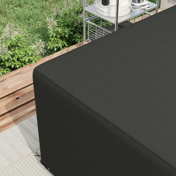 Black patio furniture cover with rounded corner and fitted top panel