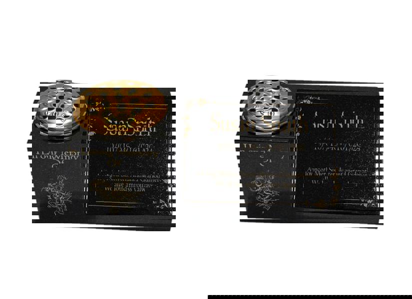 Memorials Direct Granite Memorial Vase and Plaque Combination – Floral Design, Solid Granite (16x6x6”) with Flower Pot Insert