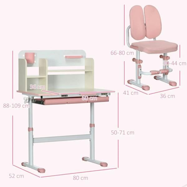 Pink kids desk and chair set with adjustable chair height and wide desktop