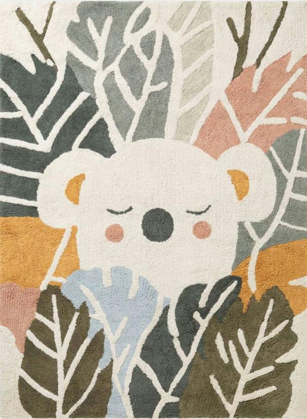 Rug with a cartoon koala design surrounded by leaves and branches.