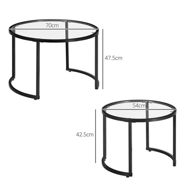 Round black nesting coffee tables with size markings: 70cm and 54cm glass tops.