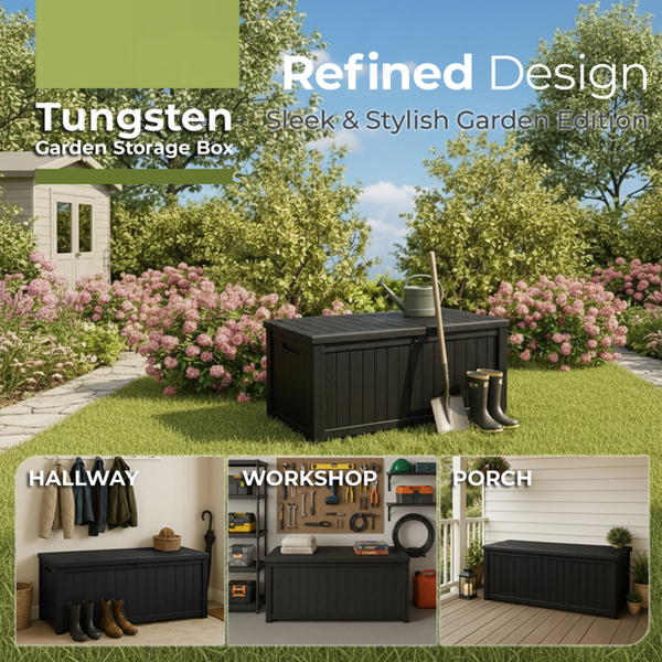 Homeology TUNGSTEN 450 Litre 119 Gallon Waterproof Extra Large Lockable Easy-Open Garden Storage Box in Black