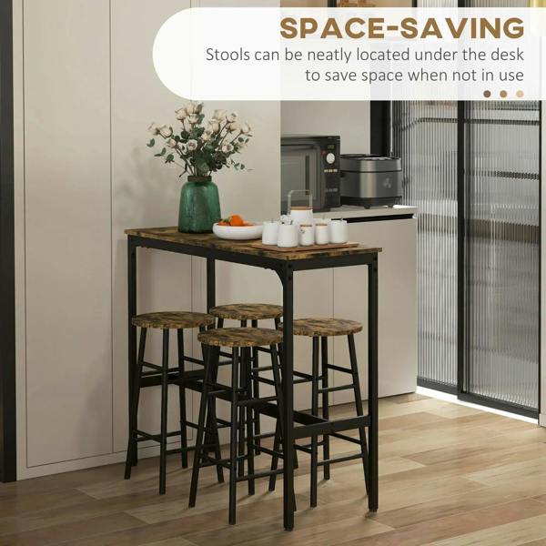 Rustic brown bar table set with four stools, space-saving stools tucked under tabletop