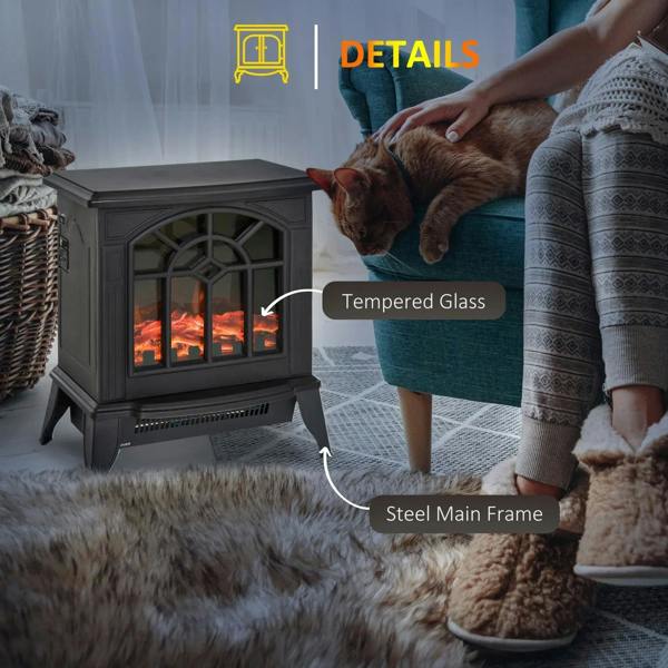 Black electric fireplace stove with tempered glass and steel main frame; cat resting nearby.
