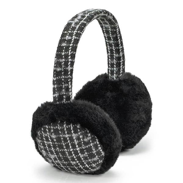 Pia Tweed Ear Muffs, Black & White Winter Earmuffs with Faux Fur Trim