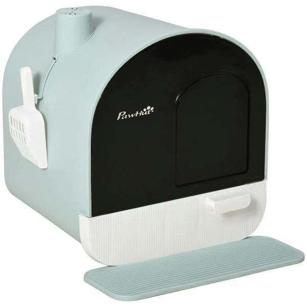 Mint green hooded cat litter box with black door flap and side scoop holder