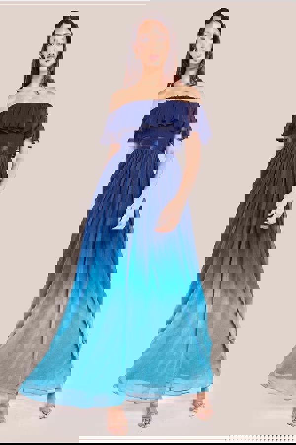 Ombre Chiffon Bardot Frill A-line Maxi Dress - Navy Ombre DR4238