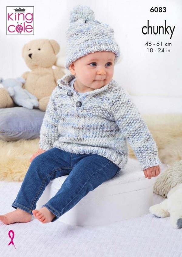 King Cole Bumble Chunky Knitting Pattern 6083, Jackets, Sweaters, Headwear for Baby, Kids, 18 - 24 Inches