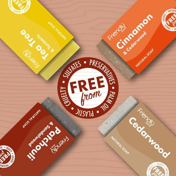 Spicy and woody Soap selection four bars and text, free from sulfates, preservatives, plastic, cruelty, palm oil