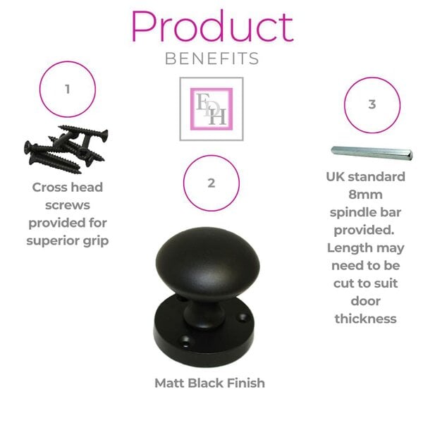 EDH Door Hardware Matt Black Round Door Knobs on Rose – Modern Internal Mortice Door Knob Set – 1 Pair