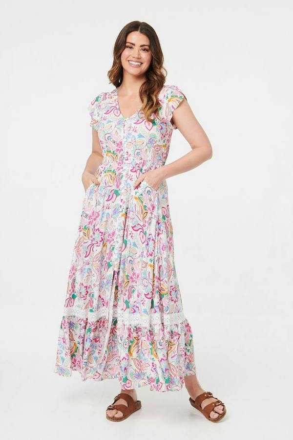 White | Paisley Cap Sleeve Maxi Tiered Dress