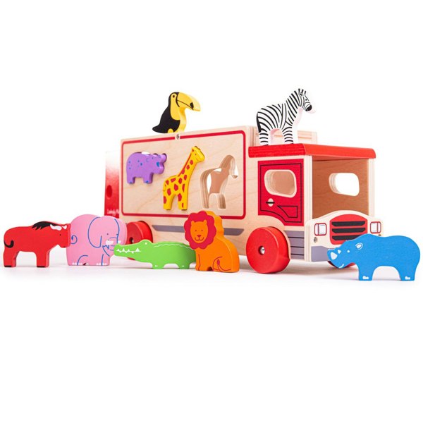 Bigjigs Toys Wooden Safari Sorting Lorry Toy - Includes 9 Wooden Animals