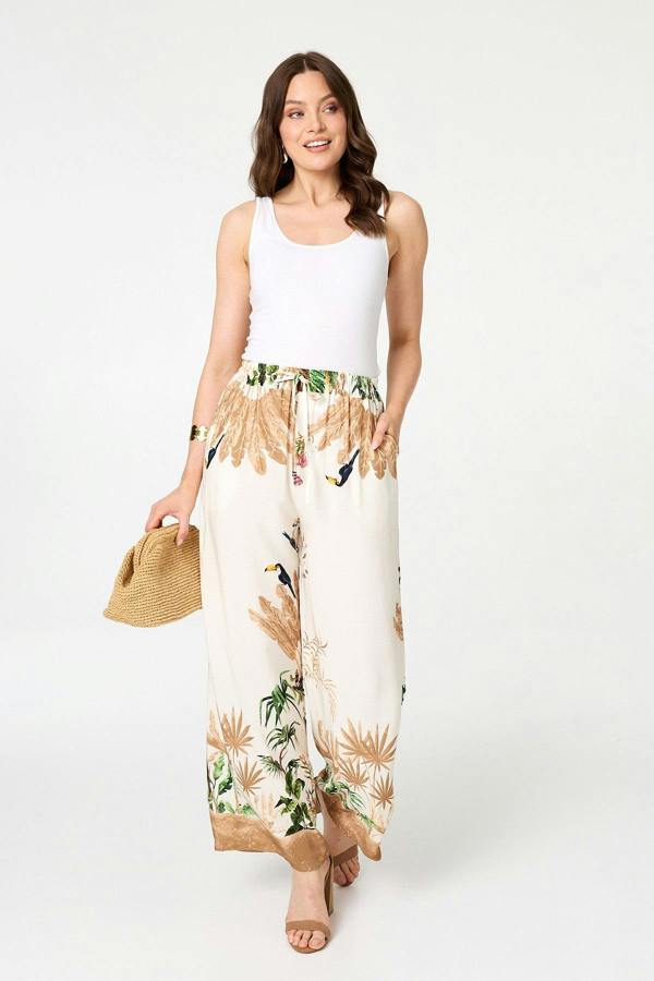 Beige | Tropical Wide High Waist Trousers