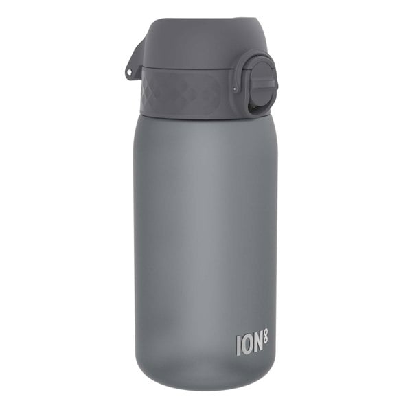 A gray water bottle sits on a white background. The bottle has a gray, hinged lid with a textured section and a rotating closure. The brand "ION8" is visible on the bottle.