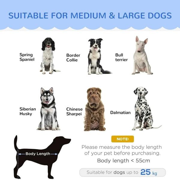 Pet couch size guide graphic with dog breed silhouettes and body-length measurement