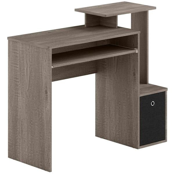 Grey computer desk with open shelf, sliding keyboard tray, and side storage drawer