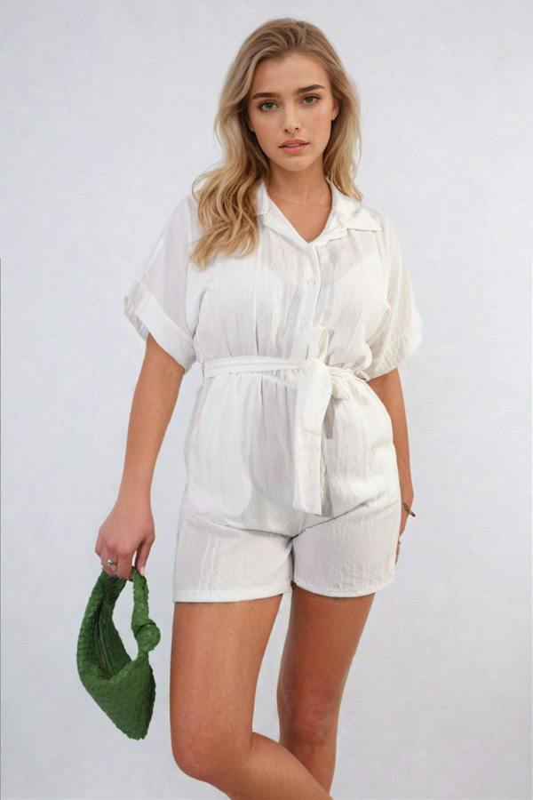 Brenda Buttoned Tie Waist Romper - White