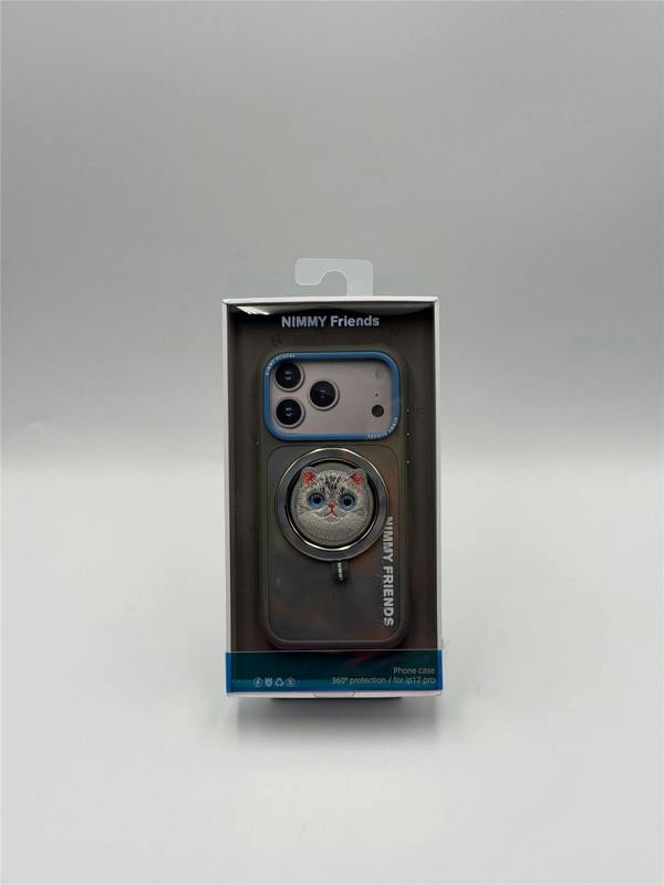 Nimmy Friends Nimmy Big Eye Cute Pet Silver Shaded Cat Face Case with Detachable MagSafe Grip for iPhone 17 Pro 6.3" Grey Blue