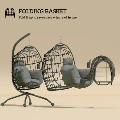 Bobobiy Hanging Egg Chair Garden Swing Chair with Folding Basket and Thickened Cushion, Garden Hanging Chair with Stand, Cup Holder, Dark Grey