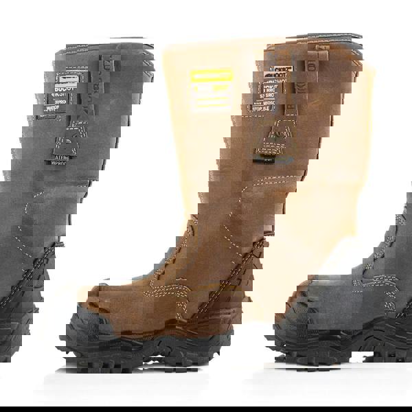 Buckbootz BSH010 Buckshot Mens Rigger Pull On Steel Safety Boots, brown waterproof steel-toe work boot with rugged sole and padded ankle support.