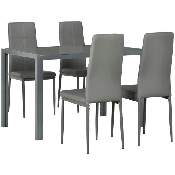 Grey dining table set with glass tabletop and 4 faux-leather chairs, metal frames
