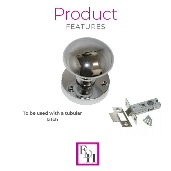 EDH Door Hardware Polished Chrome Round Door Knob Set Including Tubular Latch - Victorian Style